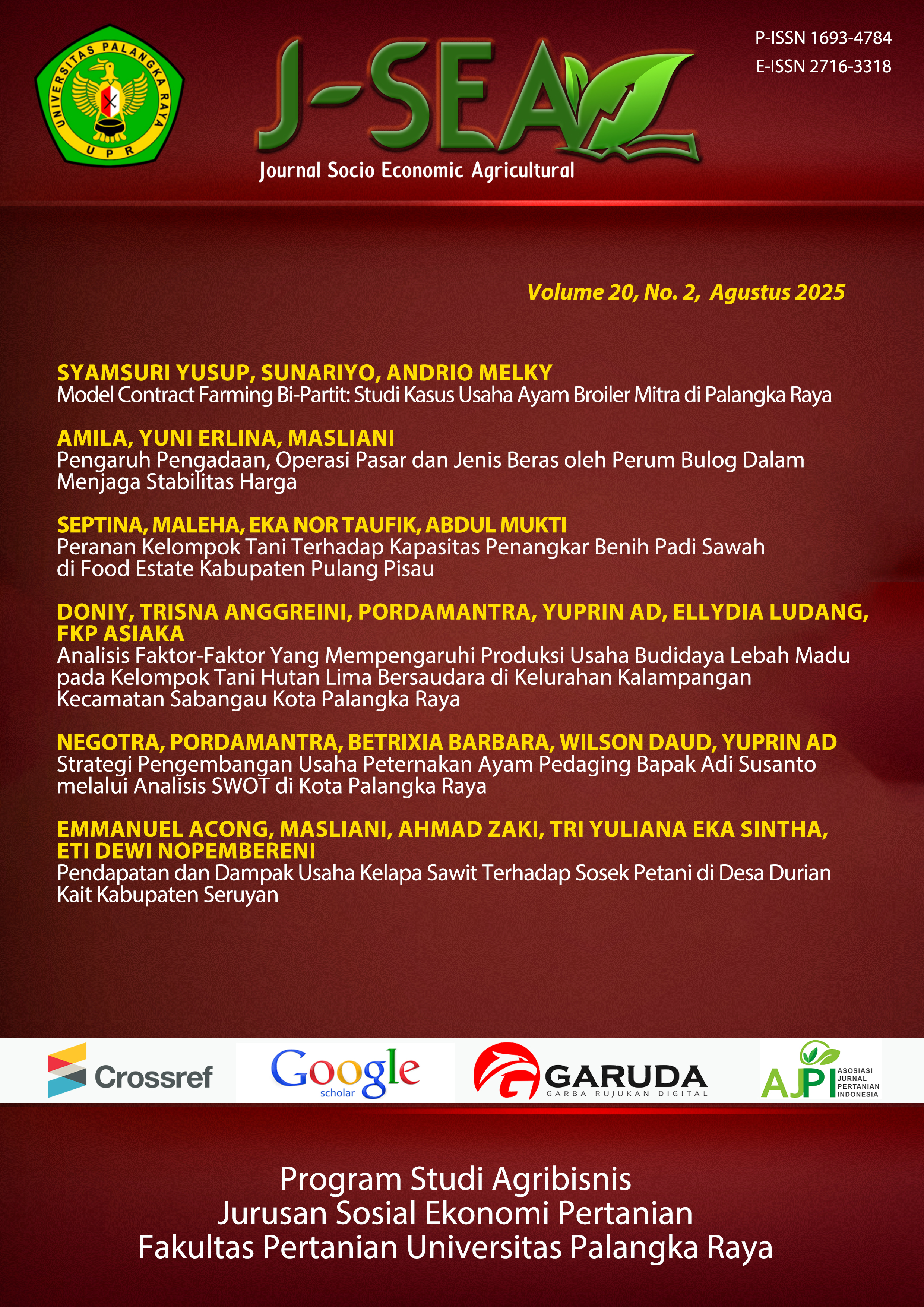 					View Vol. 20 No. 2 (2025): Agustus 2025 (Journal Socio Economic Agricultural)
				