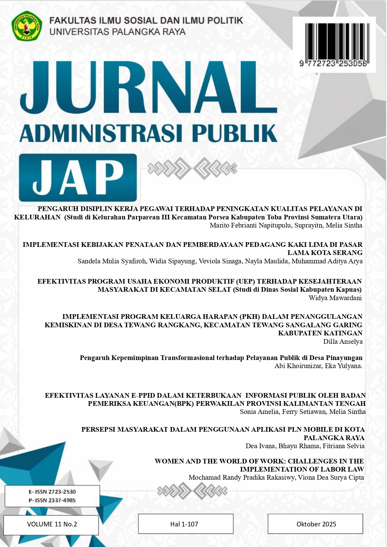 					View Vol. 11 No. 2 (2025): Jurnal Administrasi Publik (JAP) Oktober
				