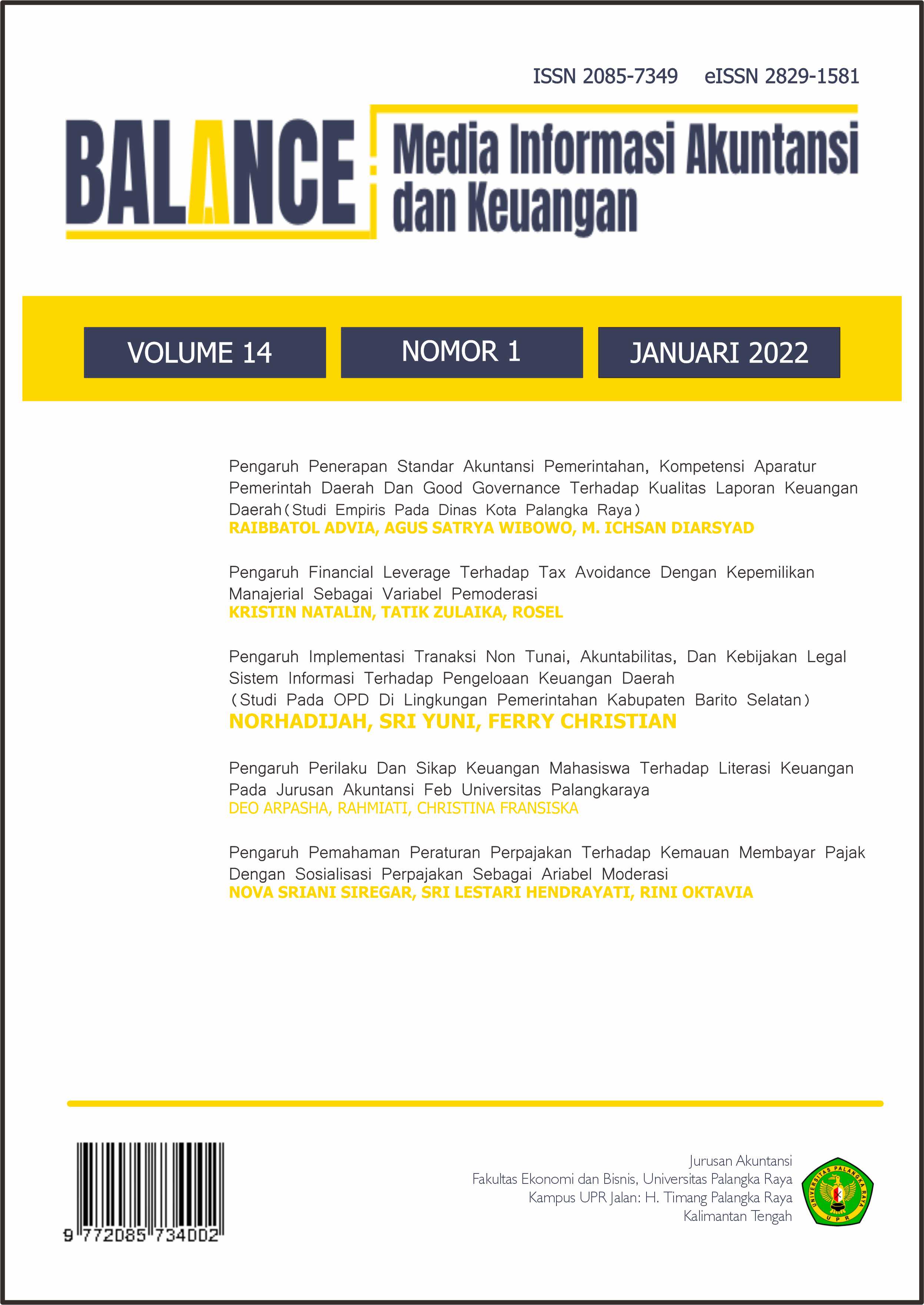 					View Vol. 14 No. 1 (2022): Jurnal BALANCE: Media Informasi Akuntansi dan Keuangan
				