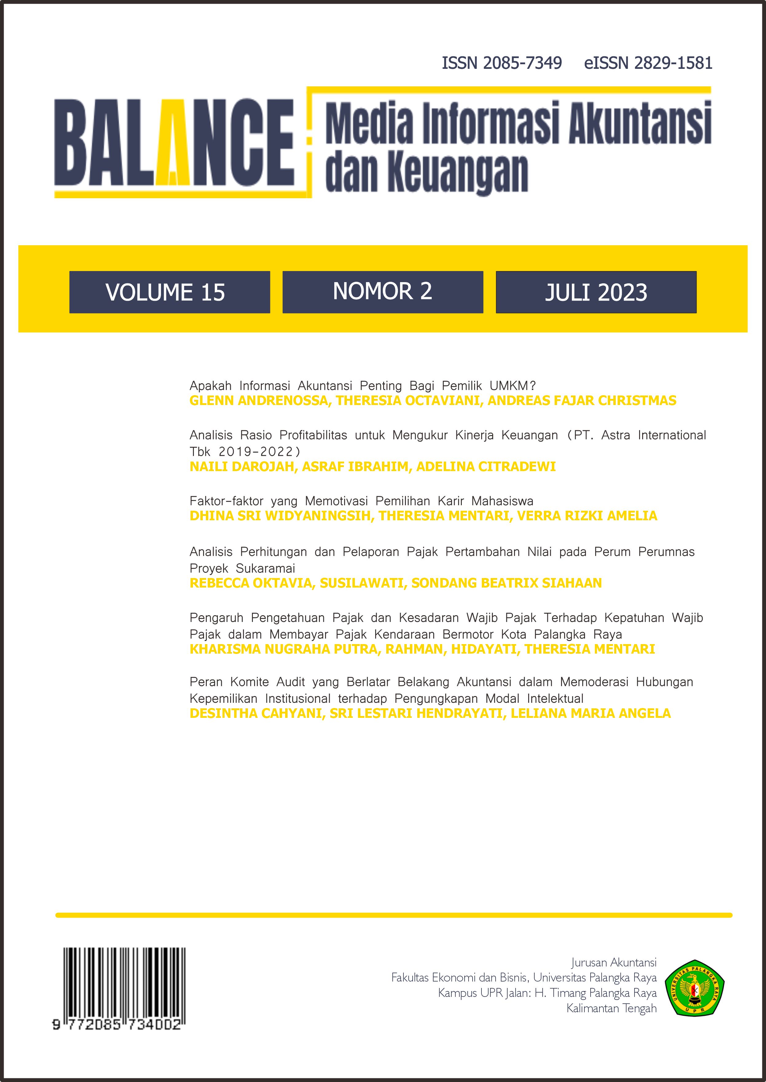 					View Vol. 15 No. 2 (2023): Jurnal BALANCE: Media Informasi Akuntansi dan Keuangan
				