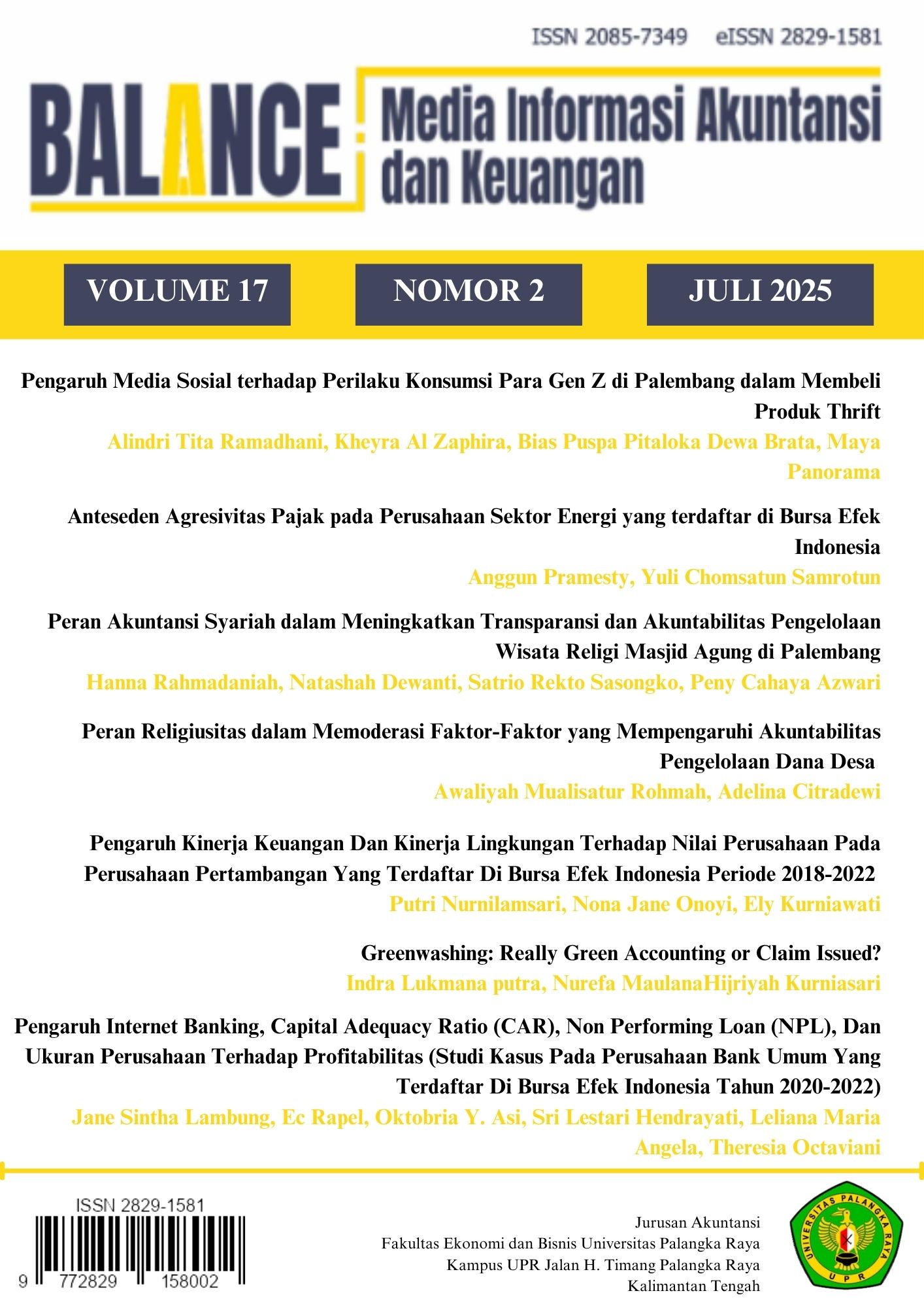 					View Vol. 17 No. 2 (2025): Jurnal BALANCE: Media Informasi Akuntansi dan Keuangan
				
