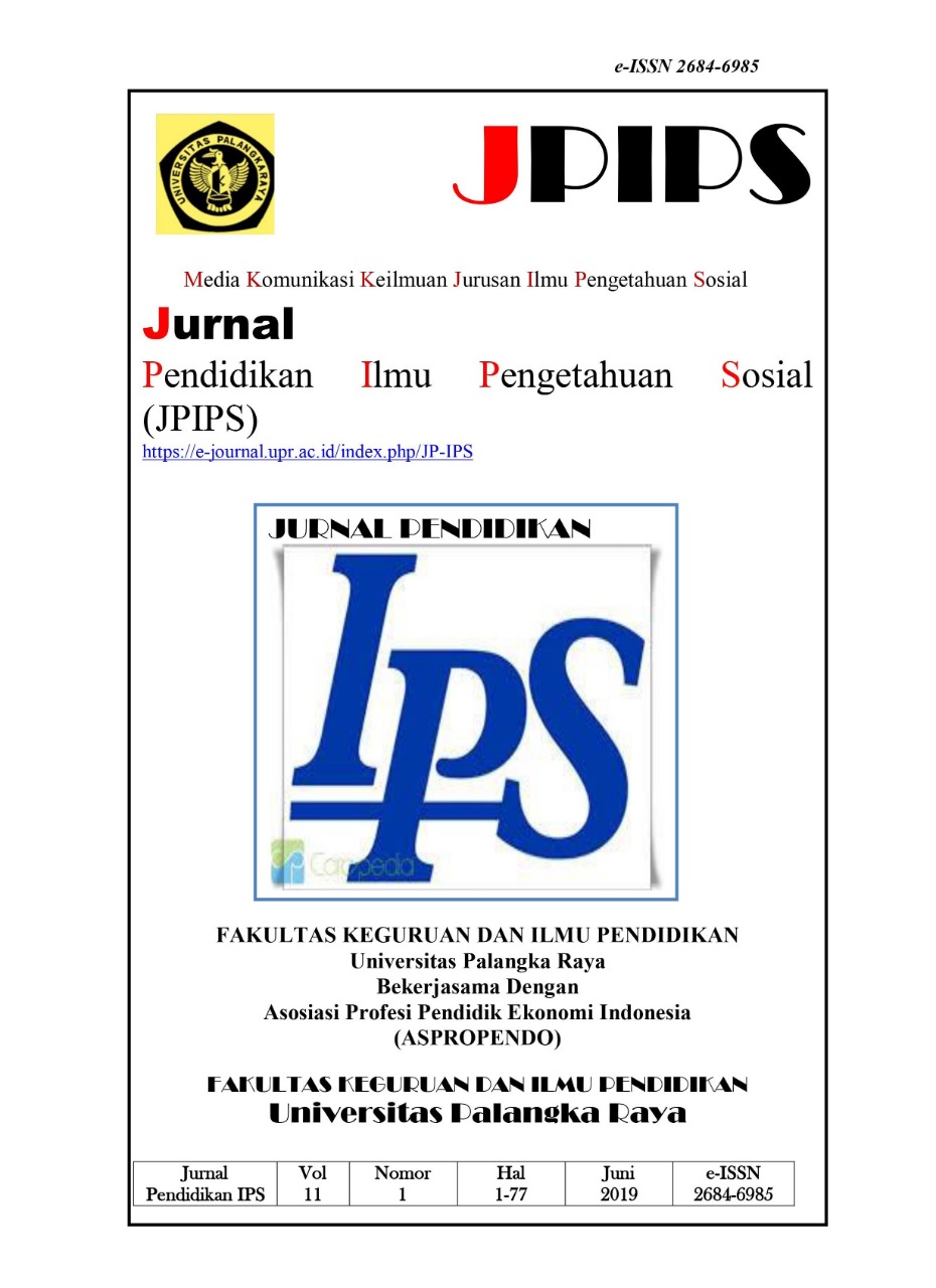 					View Vol. 11 No. 1 (2019): Jurnal Pendidikan Ilmu Pengetahuan Sosial (JPIPS)  Volume, 11 Nomor 01, Juni, Tahun 2019
				